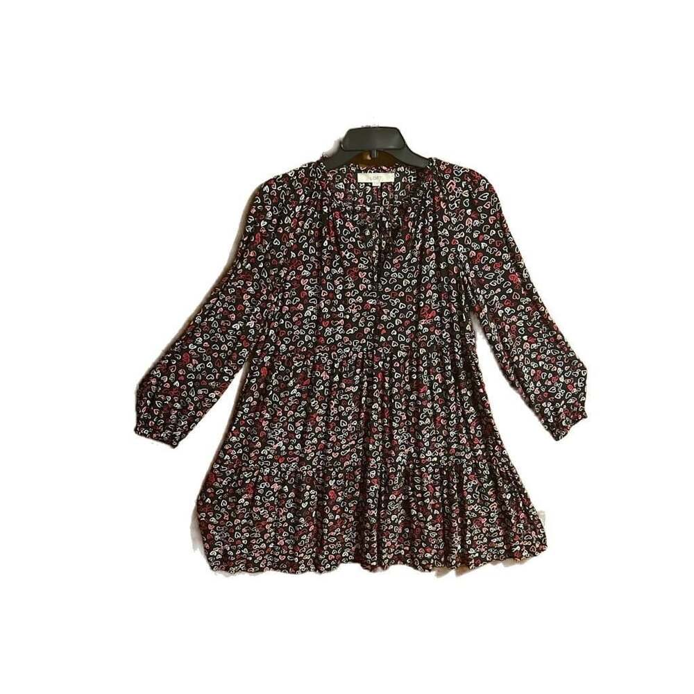 LOFT Heart Print Long Sleeve Swing Dress with Tie Neck Valentine Mini Dress